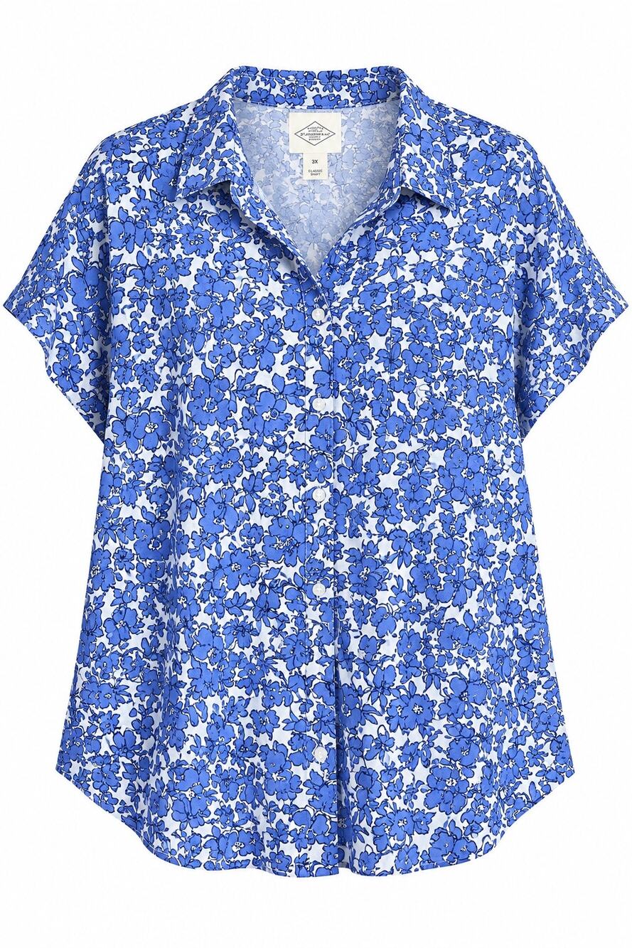 St. John’s Bay 3X Blue Floral Button Front Shirt Plus Size NWT